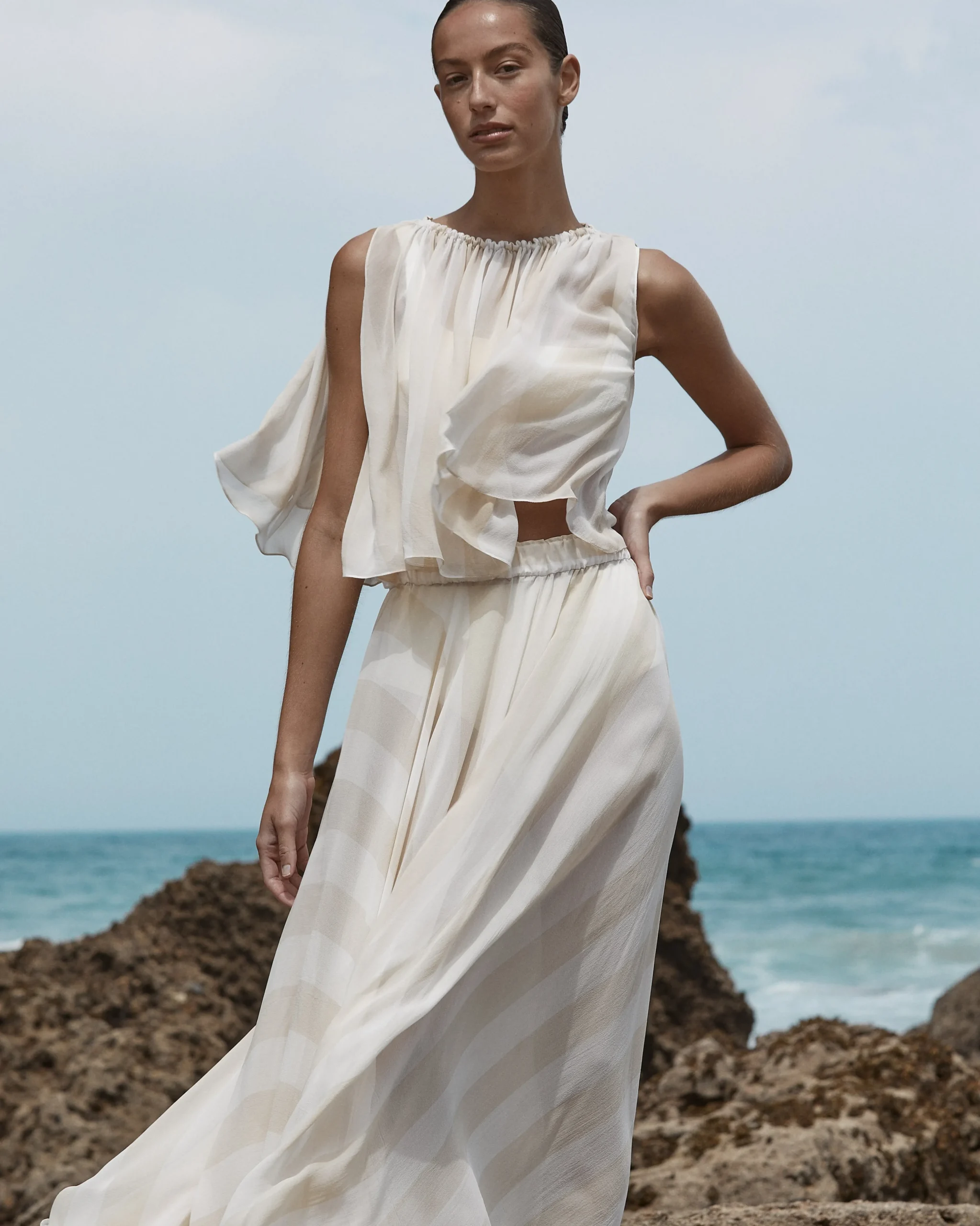 Capri Silk Gathered Top - Ecru Stripe