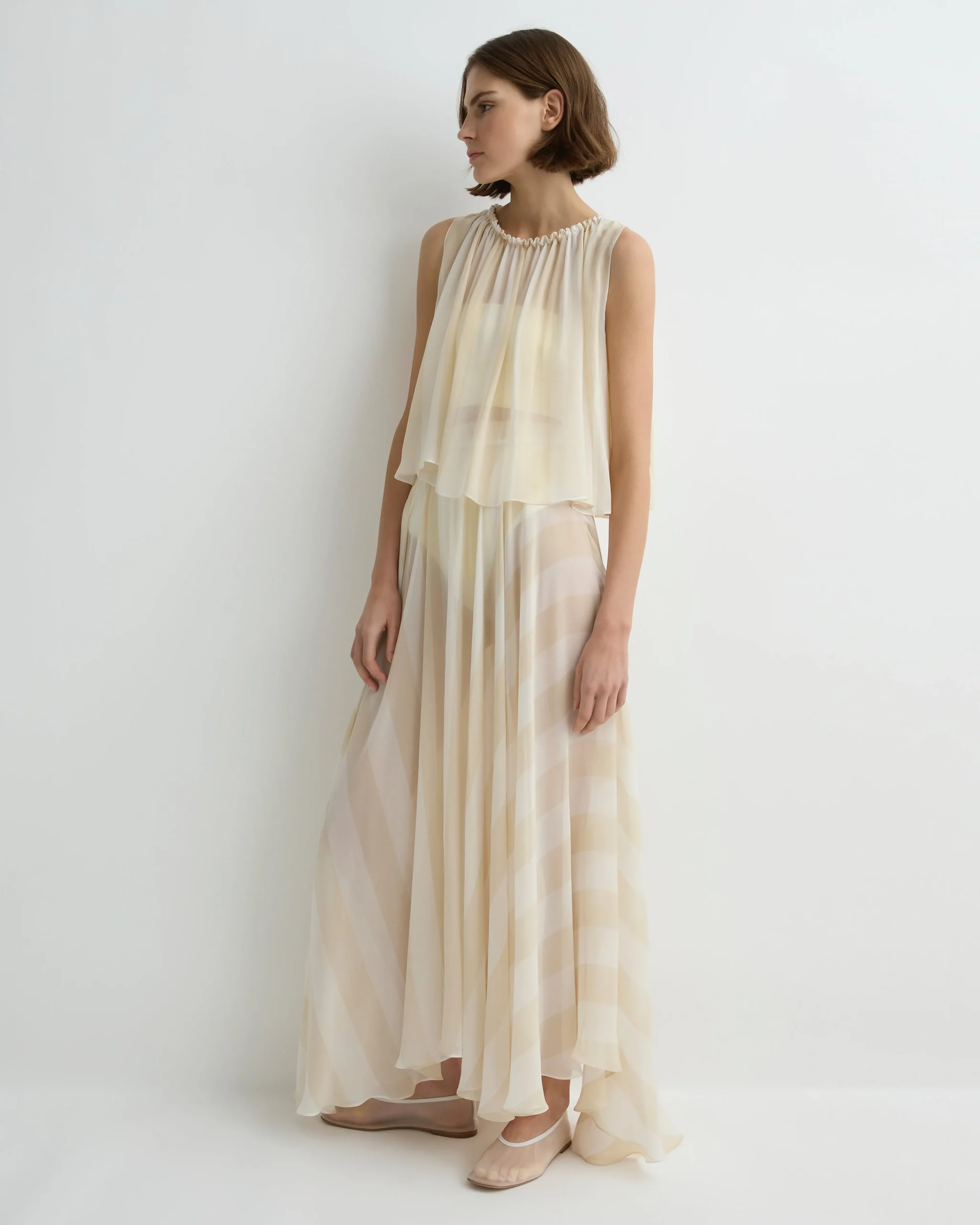 Capri Silk Gathered Top - Ecru Stripe