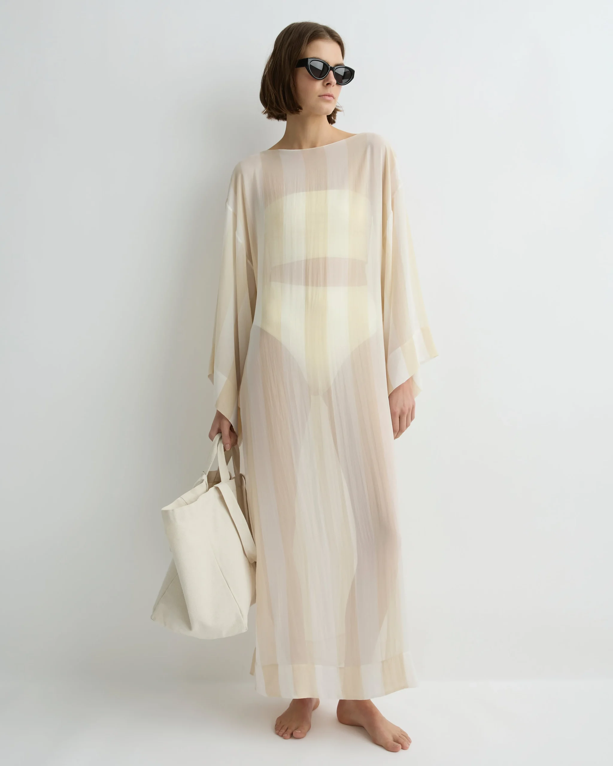 Capri Silk Kimono Sleeve Maxi - Ecru Stripe