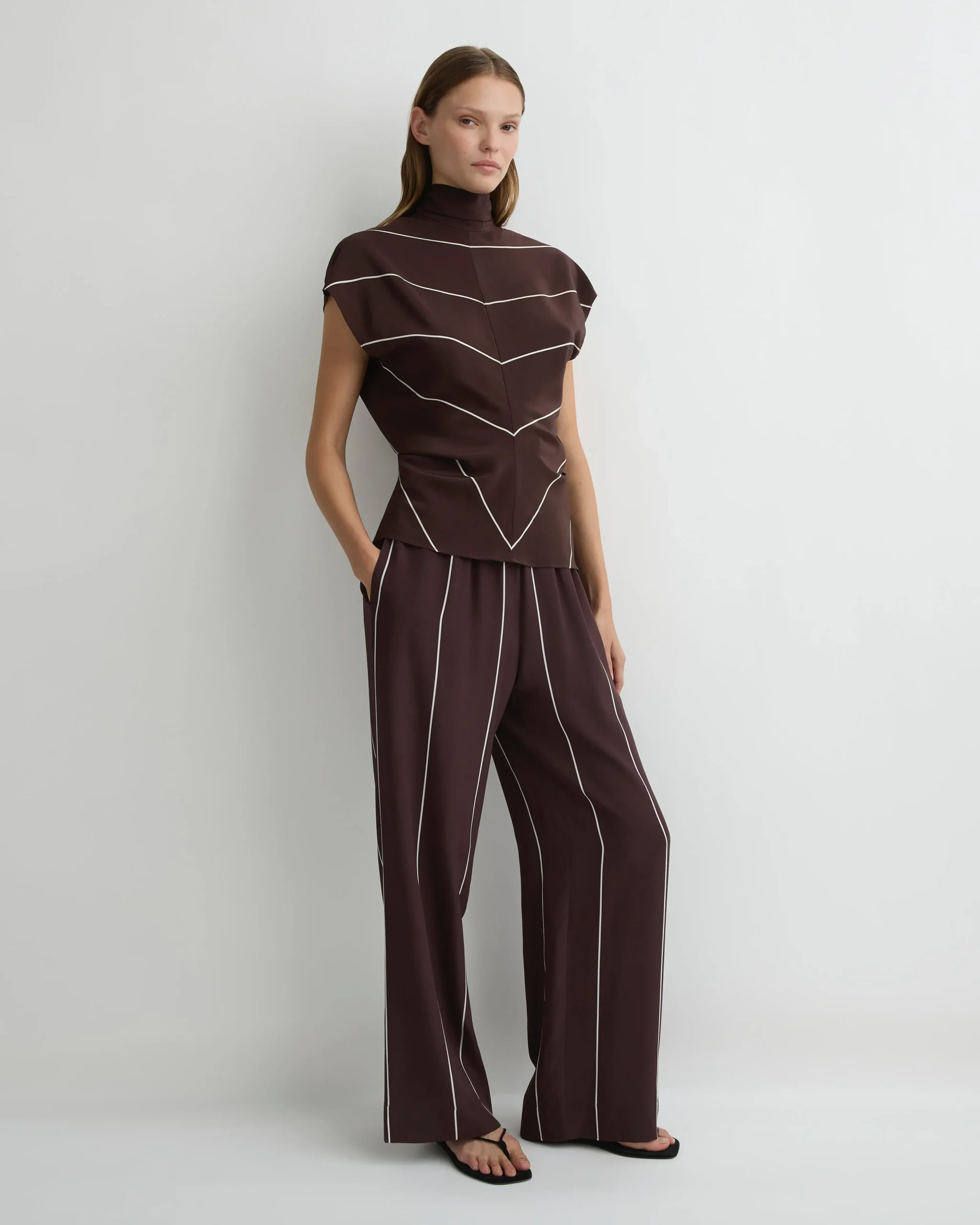 Orta Silk Tie Neck Top - Mocha Stripe