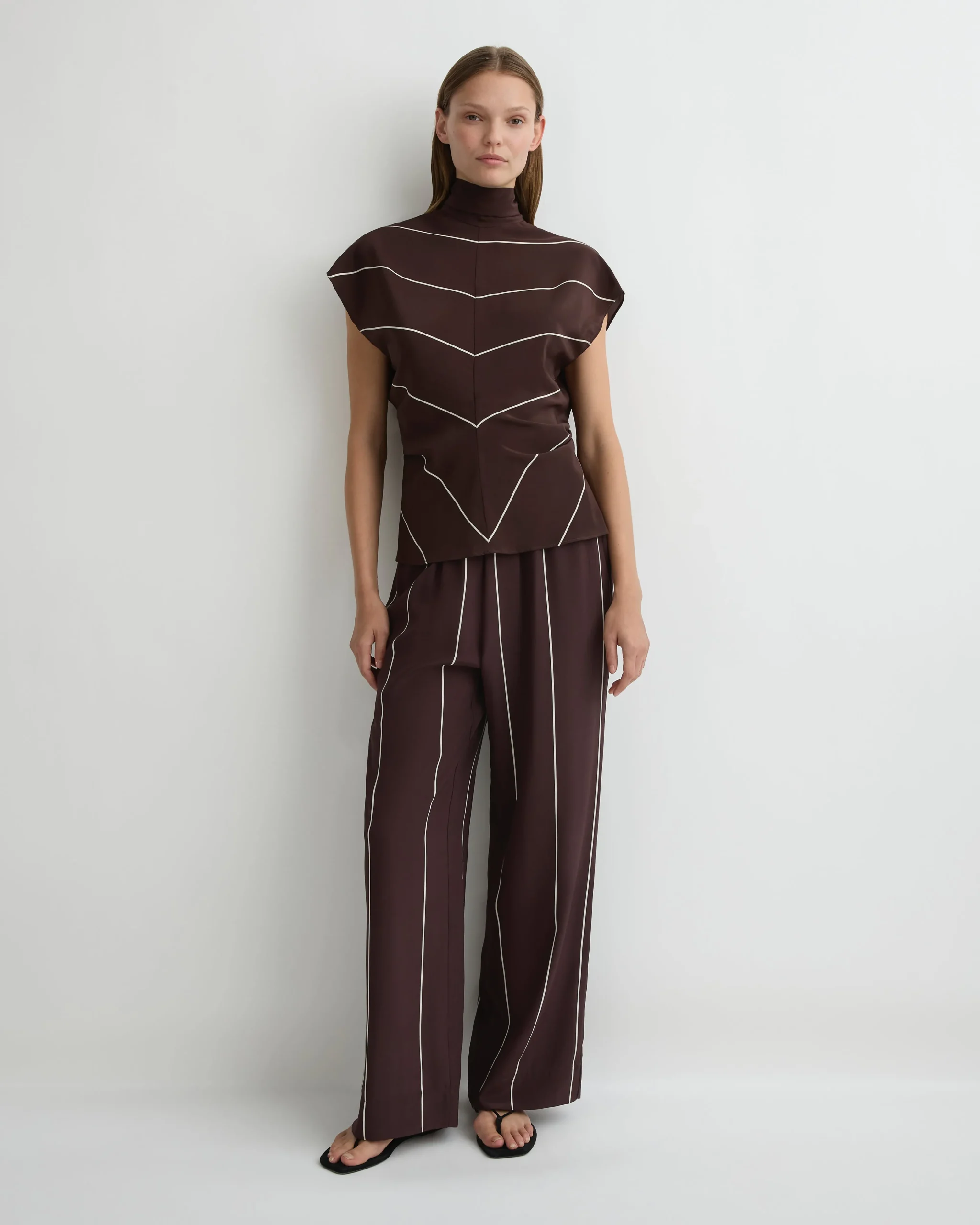 Orta Silk Tie Neck Top - Mocha Stripe