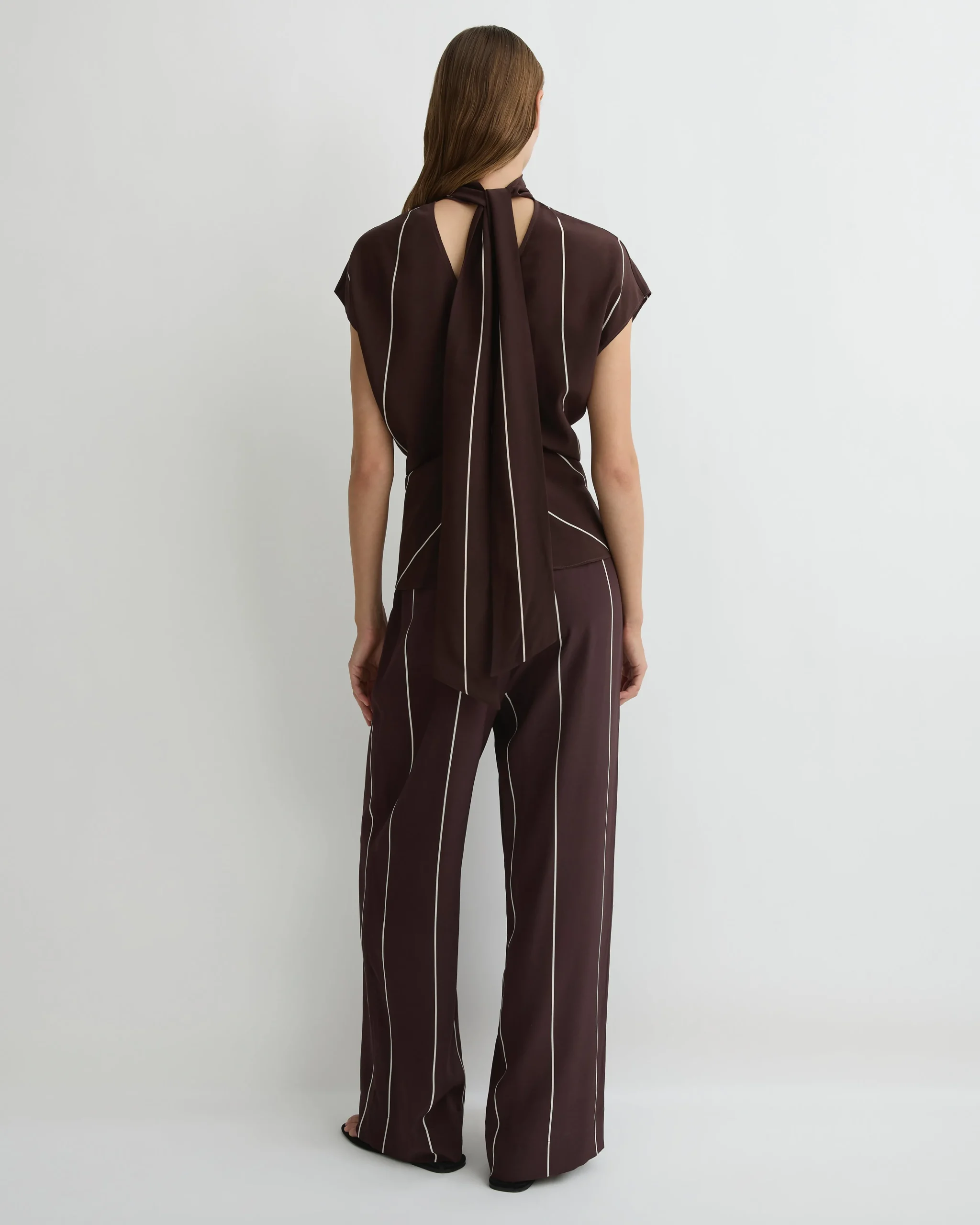 Orta Silk Tie Neck Top - Mocha Stripe