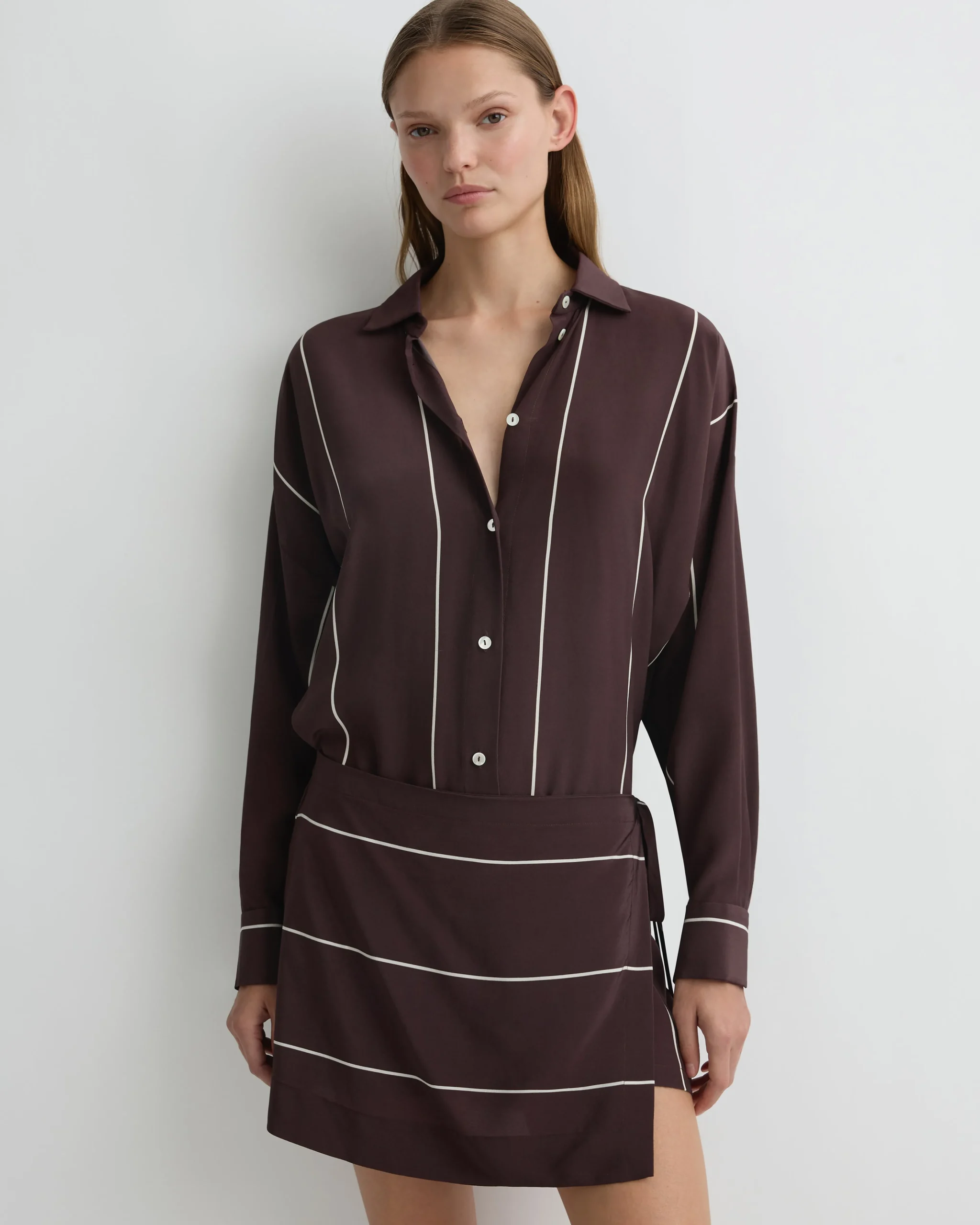 Orta Silk Wrap Mini Dress - Mocha Stripe